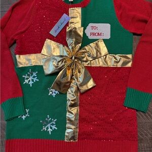 Festive Red and Green Sweater with Gold Bow